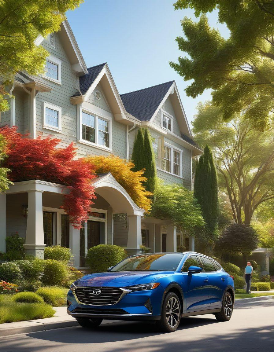 A modern car parked in a serene suburban setting, with customizable tags hovering around it like 'Low Premiums', 'Full Coverage', and 'Family Discounts'. A friendly insurance agent with a clipboard is discussing options with a diverse couple. Bright blue skies and lush green trees in the background. super-realistic. vibrant colors. sunny day.