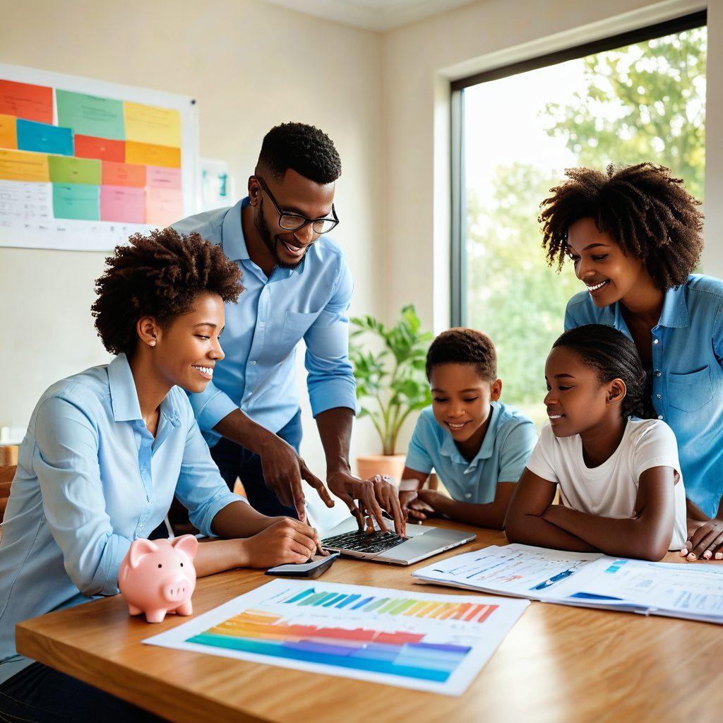 A serene scene of a diverse family happily discussing car insurance options around a laptop, with colorful charts and graphs illustrating customized coverage and discounts. Soft sunlight streaming through a window creates a warm atmosphere, highlighting documents and a car in the background, symbolizing affordability and protection. A subtle hint of a piggy bank signifies savings. super-realistic. vibrant colors. warm tones.