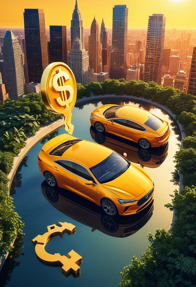 A visually striking illustration of a car partially covered by a giant golden key, symbolizing hidden discounts. Surround the car with floating percentage signs and dollar bills, representing savings. In the background, a bright sun shines down, creating a positive atmosphere. Add a subtle city skyline to reflect the modern lifestyle. vibrant colors. vector art.